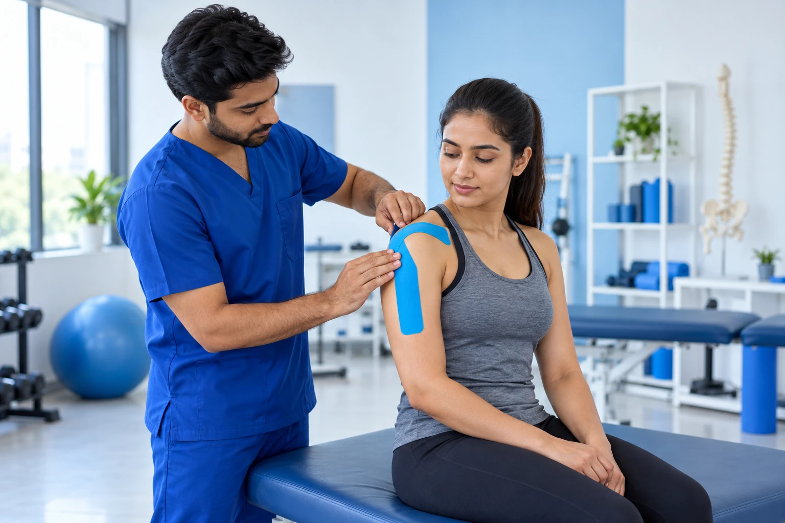 Physiotherapist applying blue kinesiology tape to an athlete’s shoulder