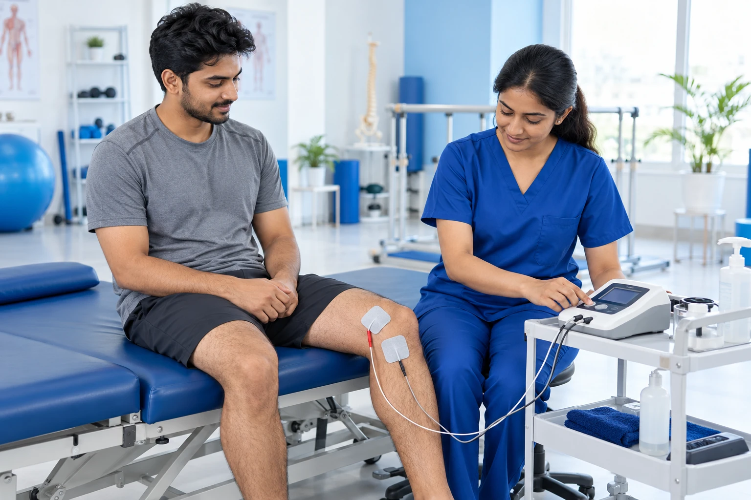 Physiotherapist supervising TENS therapy with electrode pads on a patient’s knee