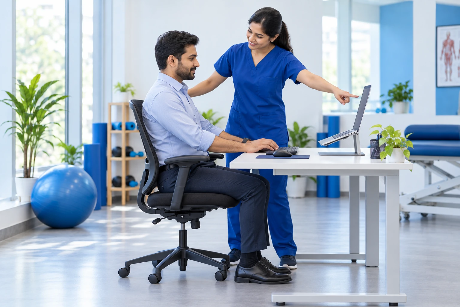 Physiotherapist advising an office worker on desk and computer ergonomics