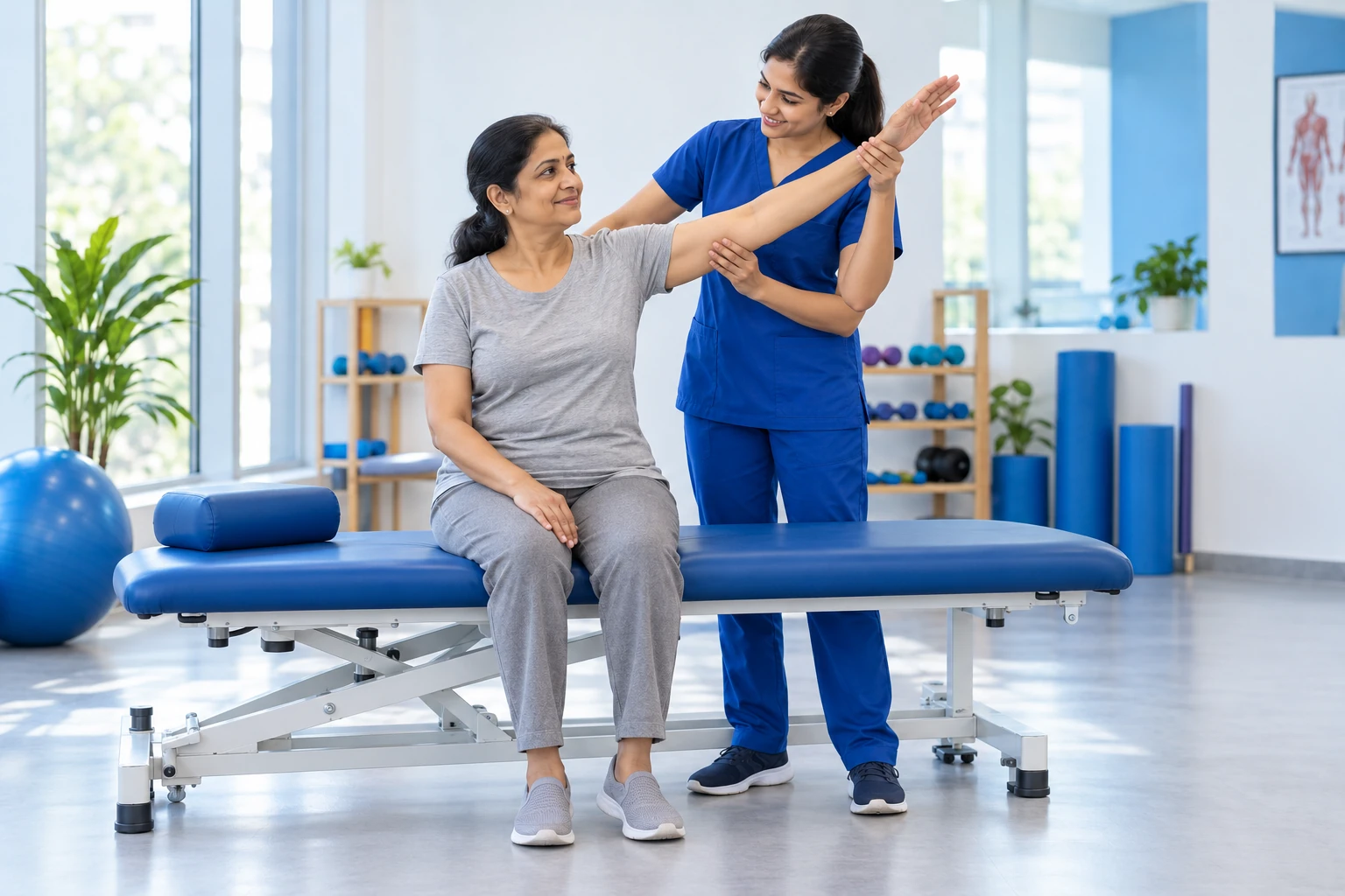Physiotherapist assessing a seated patient’s arm mobility