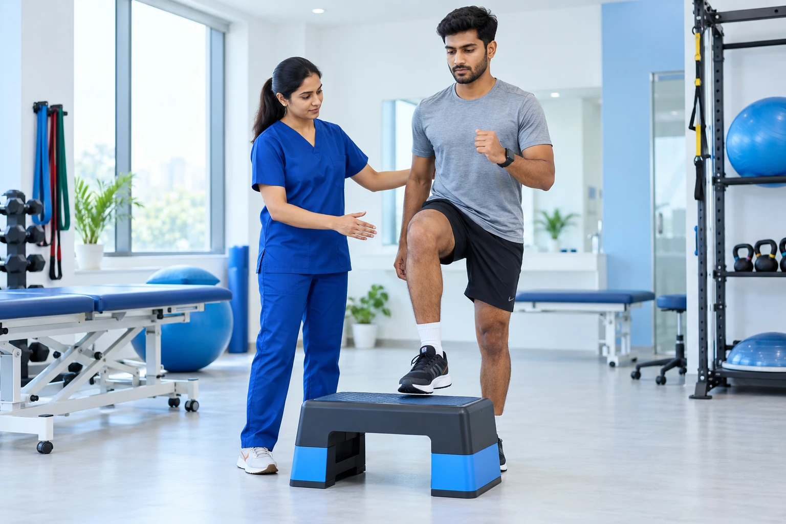 Physiotherapist supervising an athlete during a step-up exercise