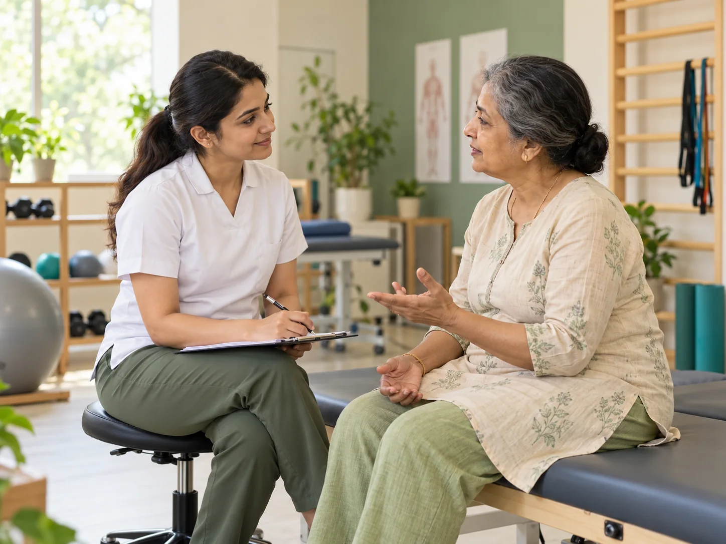 Indian physiotherapist discussing care with an older patient
