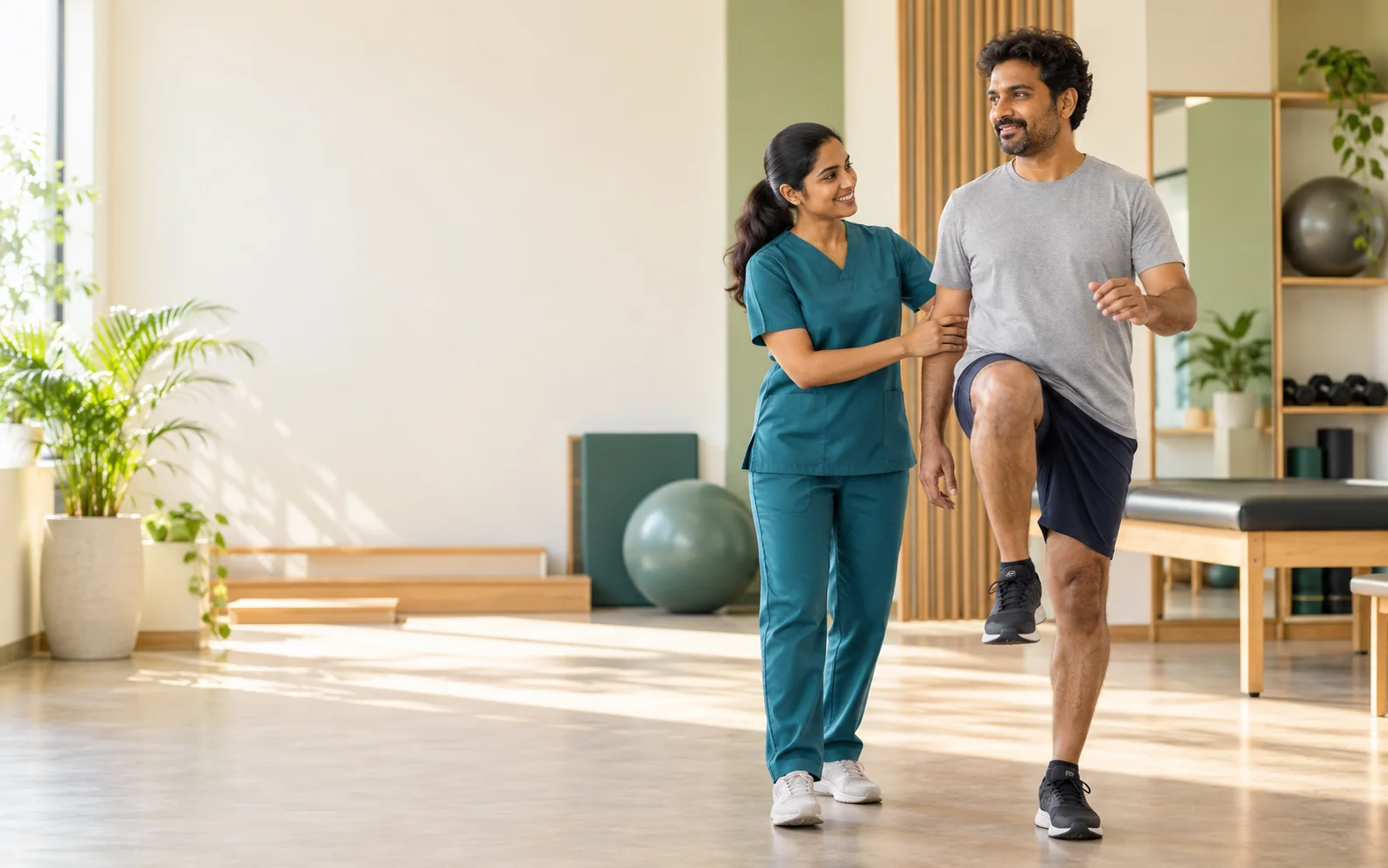 Physiotherapist guiding a patient through a mobility exercise